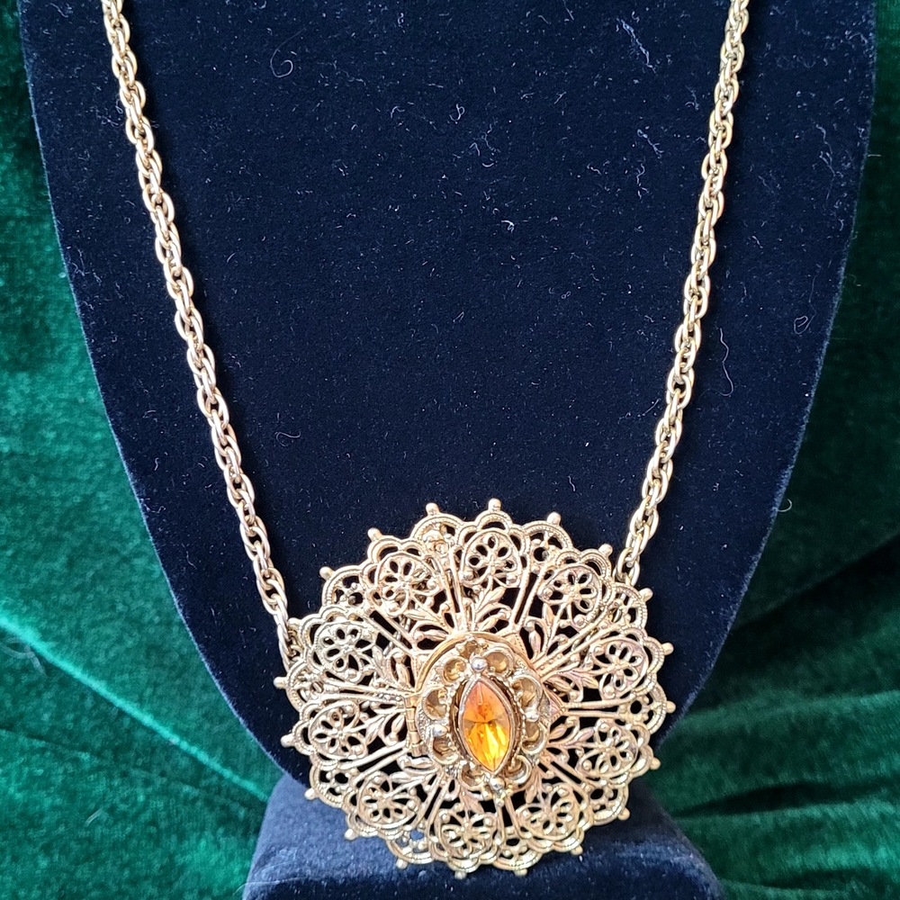 Vintage Filigree Amber Colored Rhinestone Brooch/Pendant Perfume Locket Necklace